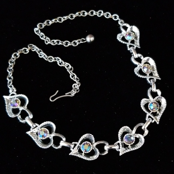Vintage 1950s Rhinestone Heart Necklace Silver Tone - Picture 7 of 12
